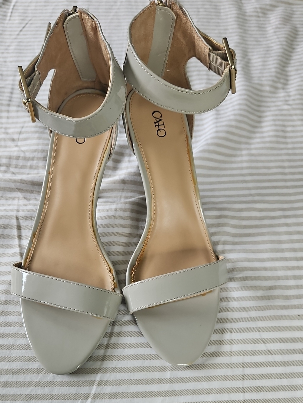 Cato Light Taupe Gray Patent Ankle Strap Heels